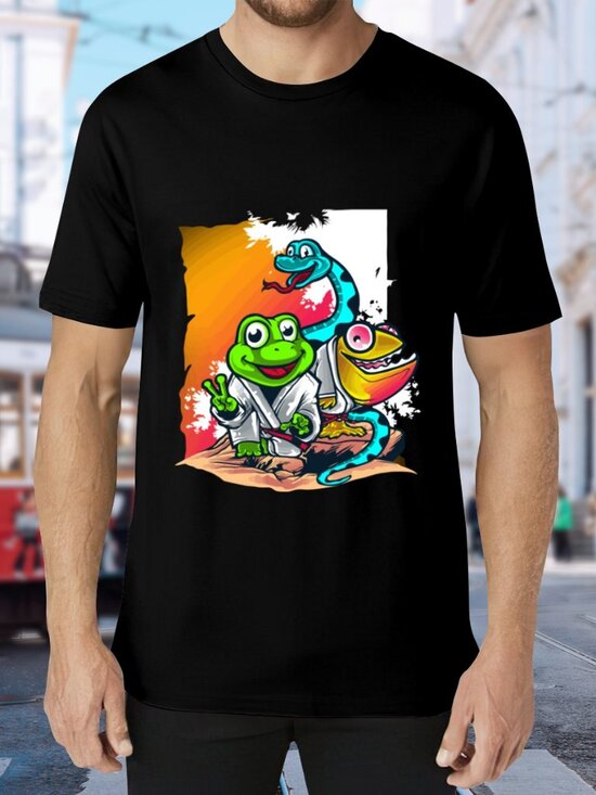 Other - Black Graphic Short Sleeve Tee with Colorful Cartoon Frogs